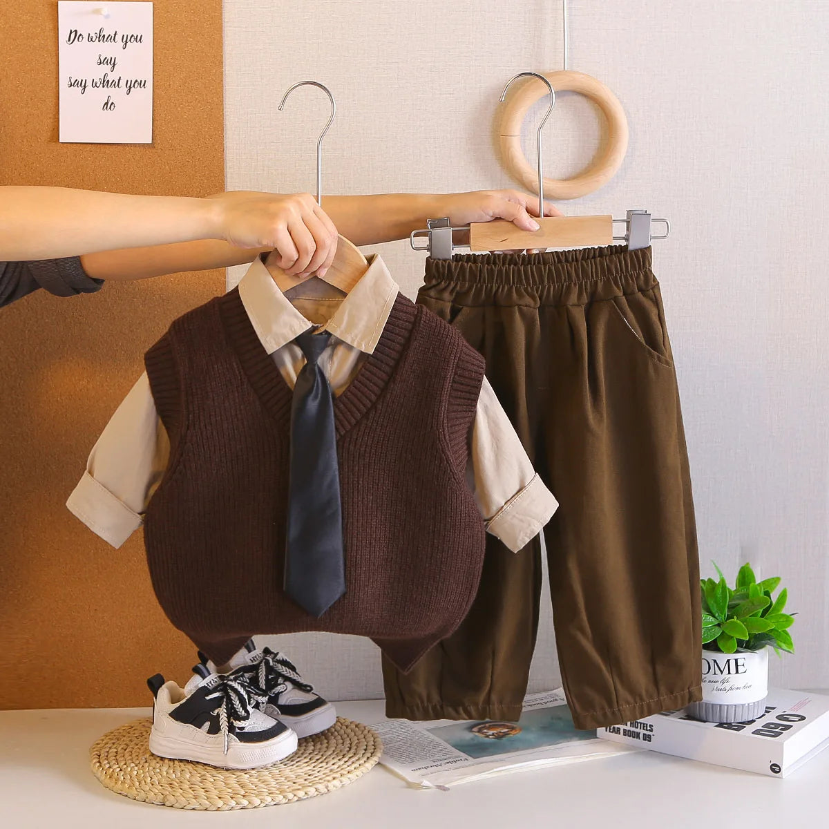 Boys Clothes Sets Spring Autumn 2026 Children Knitted Vest Tie Shirts Pants 3pcs Fashion Suit For Baby Outfits Kids Tracksuits 5