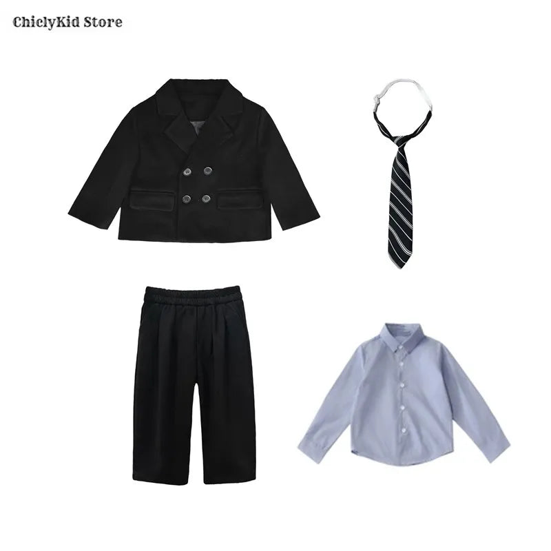 Boys Solid Double Breasted Blazer Jack Vest Pants Children Suit Waistcoat Wedding Clothes Sets Toddler Formal Dress Kids Tuxedos