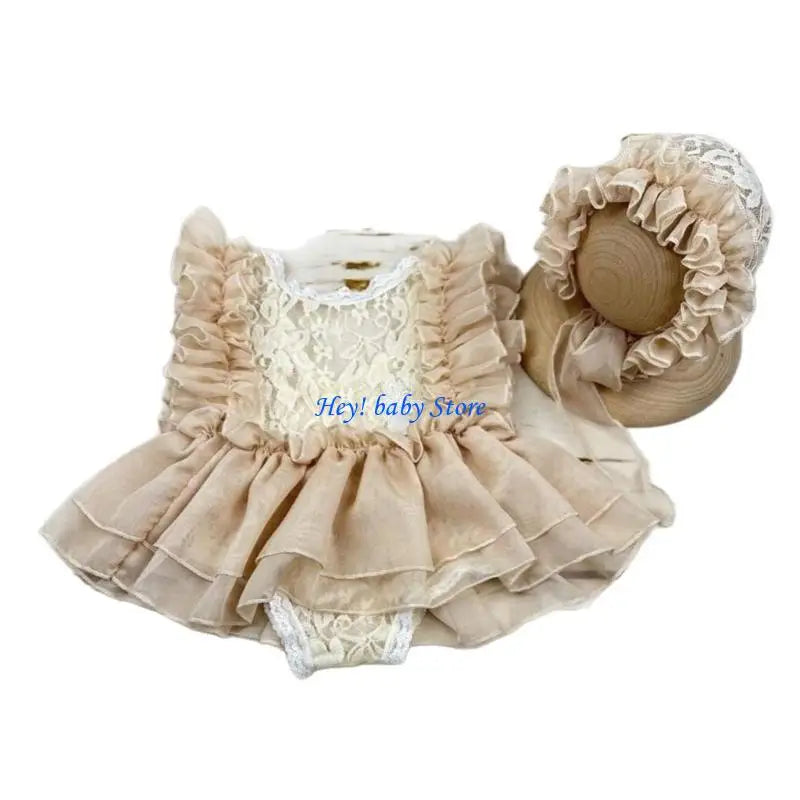 Q1FE Infant Photography Outfit Dress Photoshoots Hat Hairband with Delicate Lace Trim Detailing for 0-1 Month Old