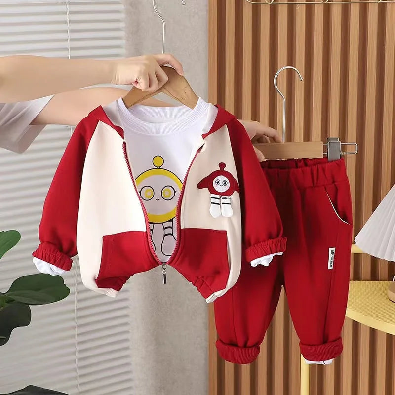 Boys' Spring and Autumn Baby Set Cartoon Egg Set Three piece Sportswear Casual Western Style New Children's Coat