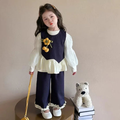 Baby Girl Clothes Set Autumn Kid Lace Trim Sweatshirts Pullover Sweet Top & Pink Pants 2pcs Suit Children Tracksuits Outfits