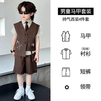 3 PCS set Autumn Spring Boy Retro Stripes TShirt+Pants Shorts+Vest Kid Children baby Gentleman Handsome Streetwear Party Clothes