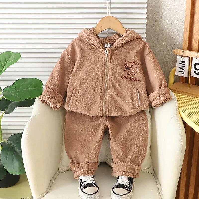 Children's Set Autumn/Winter Korean Boys' Girls' Cartoon Lion with Velvet Hoodie Two Piece Set InfantsYoung Children's WarmthSet