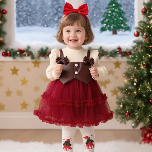Autumn And Winter New Christmas Baby Girl Dress With Sweet Bow Imitation, Party Children'S Clothing (6 Months To 3 Years Old)
