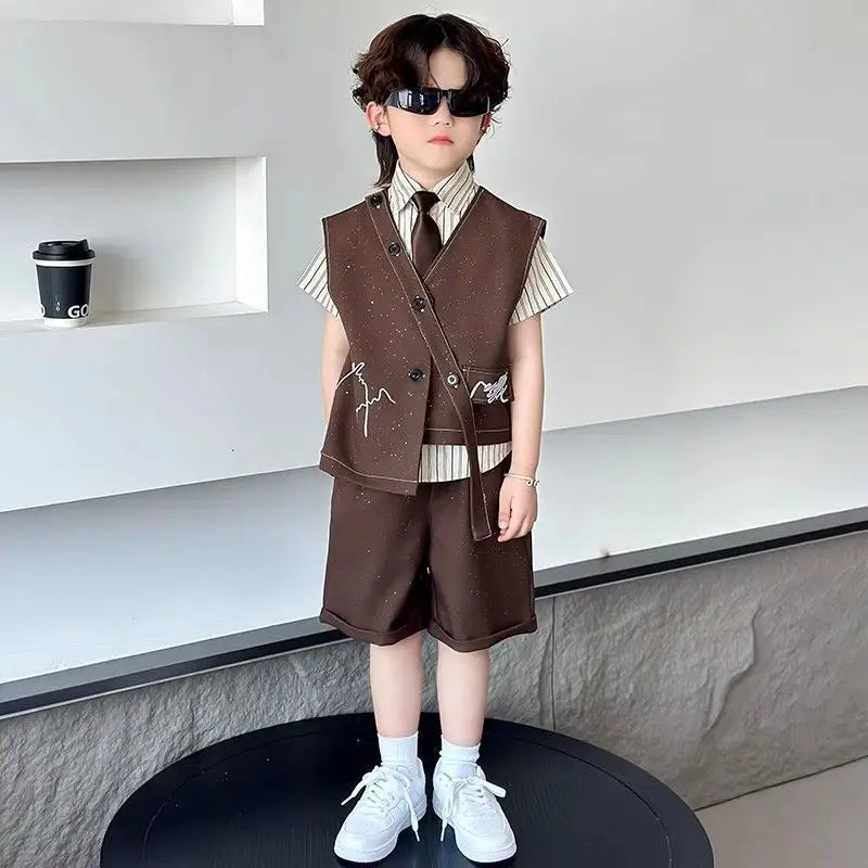 3 PCS set Autumn Spring Boy Retro Stripes TShirt+Pants Shorts+Vest Kid Children baby Gentleman Handsome Streetwear Party Clothes