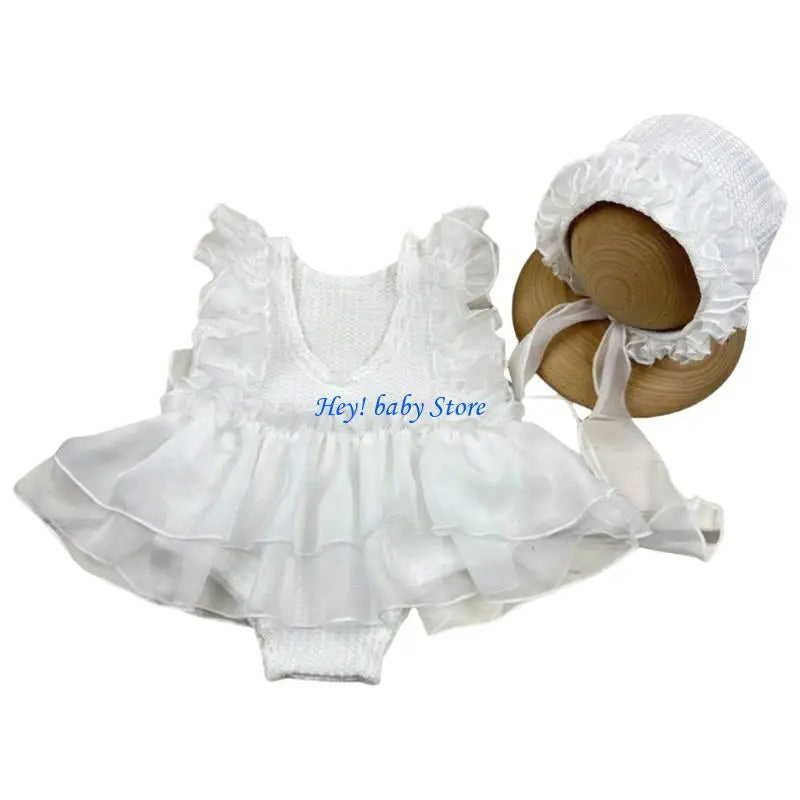 Q1FE Infant Photography Outfit Dress Photoshoots Hat Hairband with Delicate Lace Trim Detailing for 0-1 Month Old