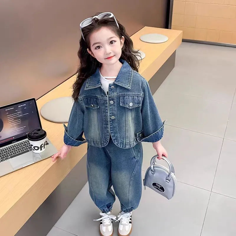 2025 new spring autumn  Girls Kids  Denim jacket trousers set comfortable cute baby Clothes Children Clothing
