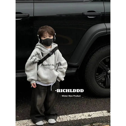 2025 Autumn/Winter Plush Letter Children's Hoodie Baby Sweater Korean Edition Fashion Children's Cool and Handsome Warm Top