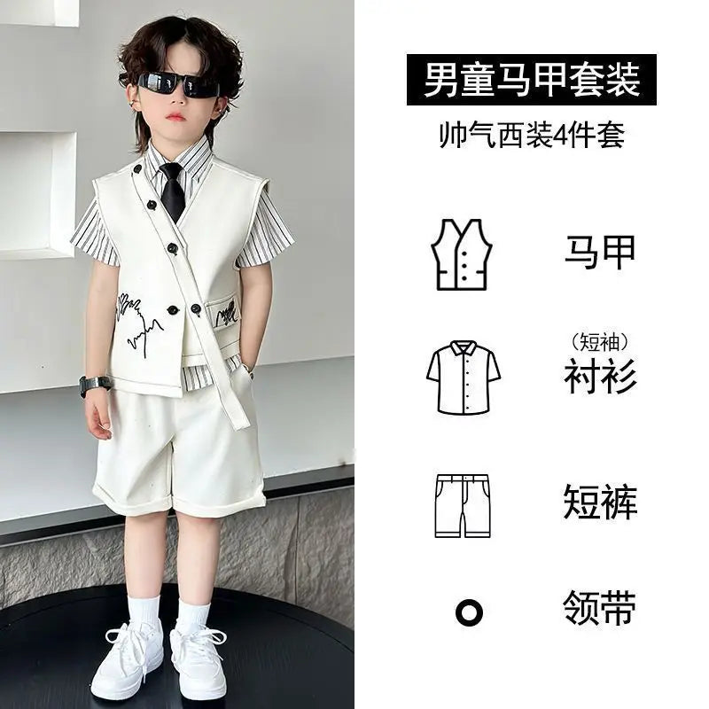 3 PCS set Autumn Spring Boy Retro Stripes TShirt+Pants Shorts+Vest Kid Children baby Gentleman Handsome Streetwear Party Clothes