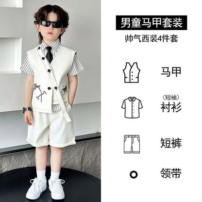3 PCS set Autumn Spring Boy Retro Stripes TShirt+Pants Shorts+Vest Kid Children baby Gentleman Handsome Streetwear Party Clothes