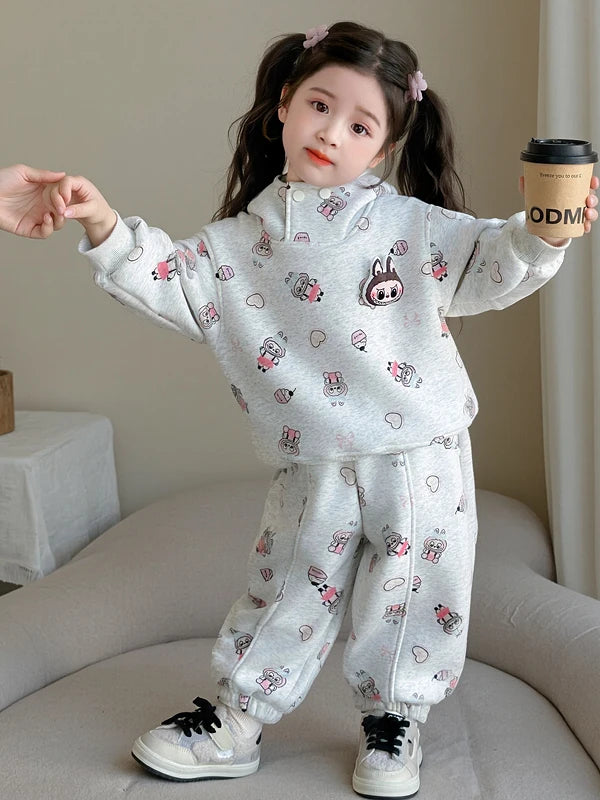 Girls' Fce Lined Hoodie Sweatirt Winter Faionable Children's Two Piece Set Cartoon Print Casual Sportswear Ensemble