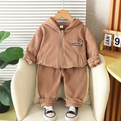 Children's Set Autumn/Winter Korean Boys' Girls' Cartoon Lion with Velvet Hoodie Two Piece Set InfantsYoung Children's WarmthSet