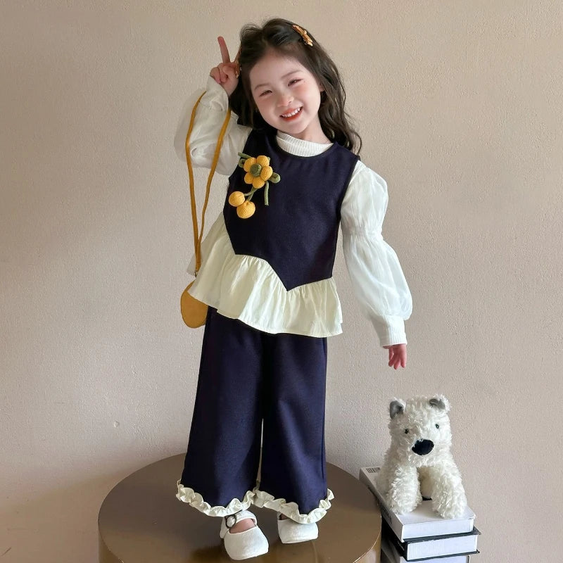 Baby Girl Clothes Set Autumn Kid Lace Trim Sweatshirts Pullover Sweet Top & Pink Pants 2pcs Suit Children Tracksuits Outfits