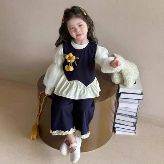 Baby Girl Clothes Set Autumn Kid Lace Trim Sweatshirts Pullover Sweet Top & Pink Pants 2pcs Suit Children Tracksuits Outfits