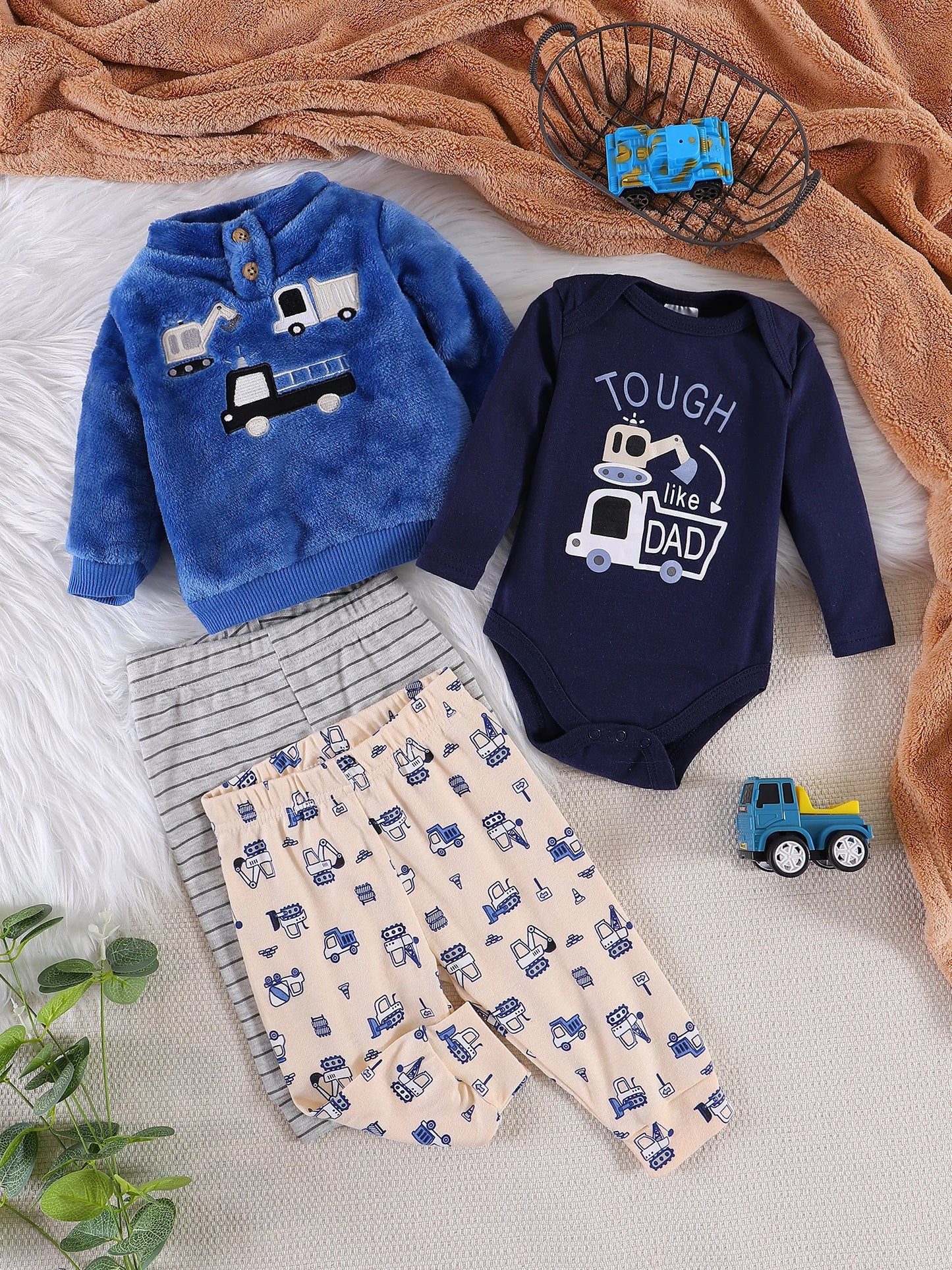Baby boy clothes 4PCS Baby boy onesies suit Autumn and winter long-sleeved onesie+ top+ 2 pants Suitable for 0-12 months