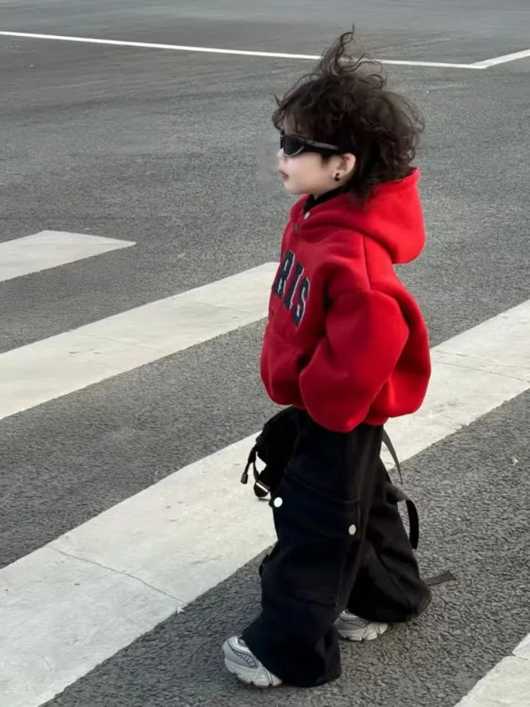 Boys Red Fleece Set 2025 New Year's Clothing Baby Autumn and Winter Hooded Sweater Casual Pants Two-piece Set