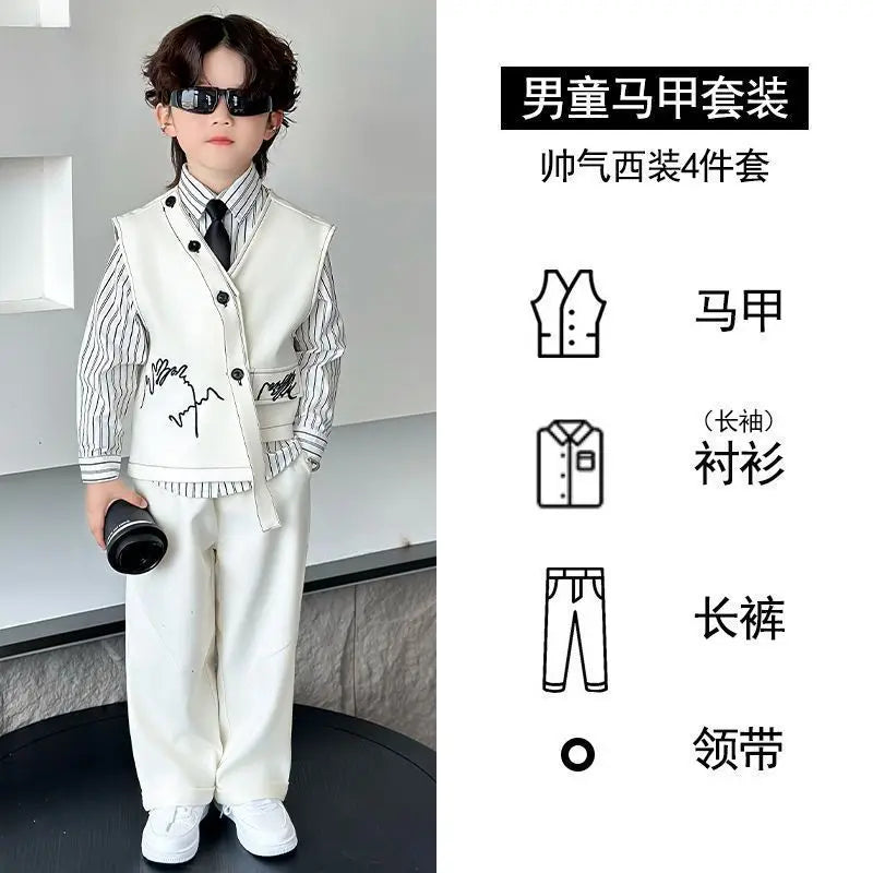 3 PCS set Autumn Spring Boy Retro Stripes TShirt+Pants Shorts+Vest Kid Children baby Gentleman Handsome Streetwear Party Clothes