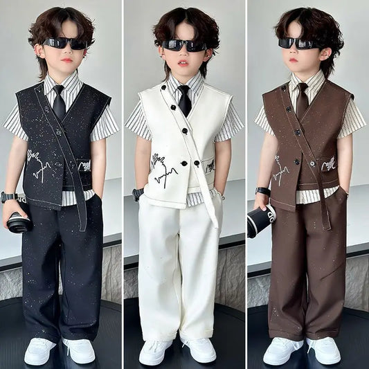 3 PCS set Autumn Spring Boy Retro Stripes TShirt+Pants Shorts+Vest Kid Children baby Gentleman Handsome Streetwear Party Clothes