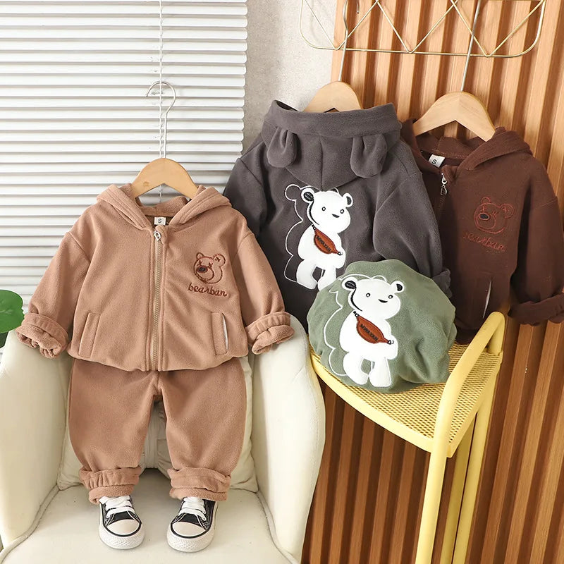 Children's Set Autumn/Winter Korean Boys' Girls' Cartoon Lion with Velvet Hoodie Two Piece Set InfantsYoung Children's WarmthSet