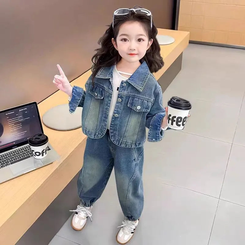 2025 new spring autumn  Girls Kids  Denim jacket trousers set comfortable cute baby Clothes Children Clothing