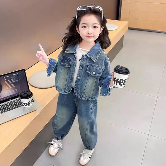 2025 new spring autumn  Girls Kids  Denim jacket trousers set comfortable cute baby Clothes Children Clothing