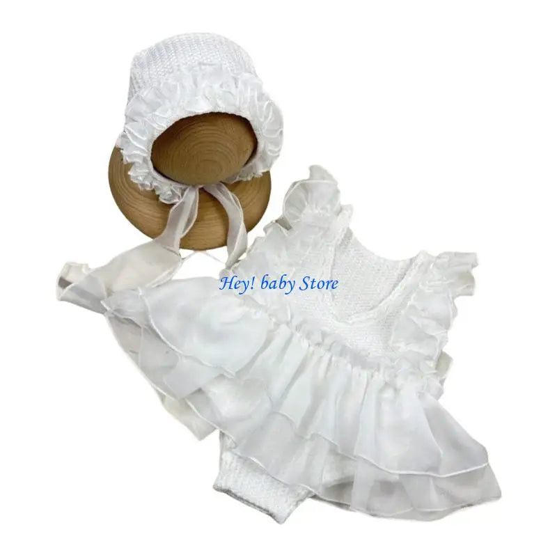 Q1FE Infant Photography Outfit Dress Photoshoots Hat Hairband with Delicate Lace Trim Detailing for 0-1 Month Old