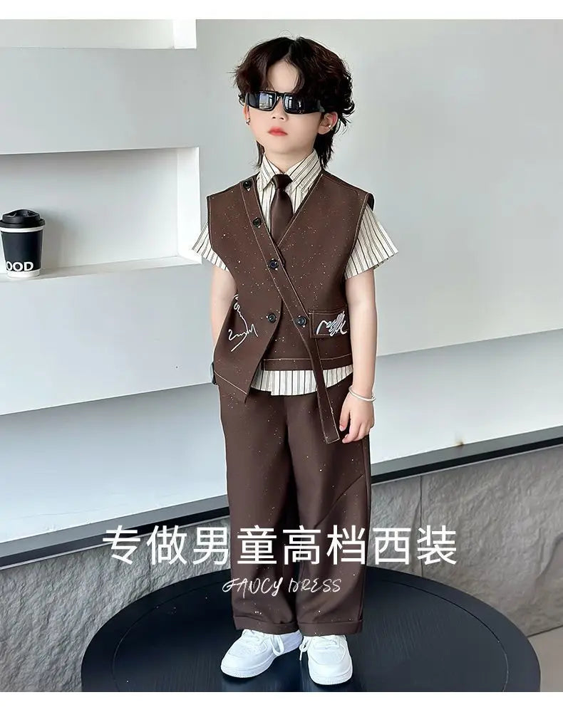 3 PCS set Autumn Spring Boy Retro Stripes TShirt+Pants Shorts+Vest Kid Children baby Gentleman Handsome Streetwear Party Clothes