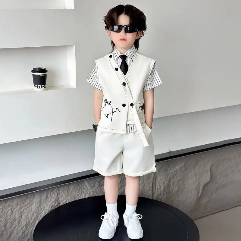 3 PCS set Autumn Spring Boy Retro Stripes TShirt+Pants Shorts+Vest Kid Children baby Gentleman Handsome Streetwear Party Clothes