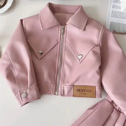 2025 Girls' Faux Leather Jacket Trendy Biker Style Coat Stylish Toddler Outerwear