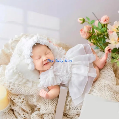 Q1FE Infant Photography Outfit Dress Photoshoots Hat Hairband with Delicate Lace Trim Detailing for 0-1 Month Old