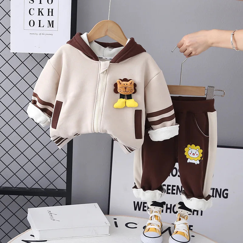 Children's Set Autumn/Winter Korean Boys' Girls' Cartoon Lion with Velvet Hoodie Two Piece Set InfantsYoung Children's WarmthSet