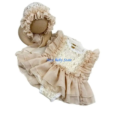 Q1FE Infant Photography Outfit Dress Photoshoots Hat Hairband with Delicate Lace Trim Detailing for 0-1 Month Old