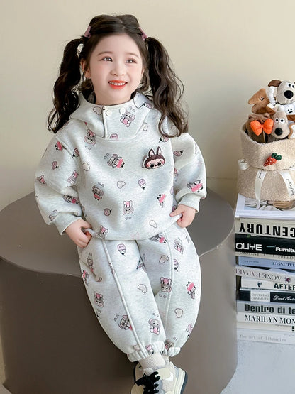 Girls' Fce Lined Hoodie Sweatirt Winter Faionable Children's Two Piece Set Cartoon Print Casual Sportswear Ensemble