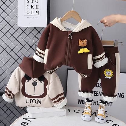 Children's Set Autumn/Winter Korean Boys' Girls' Cartoon Lion with Velvet Hoodie Two Piece Set InfantsYoung Children's WarmthSet