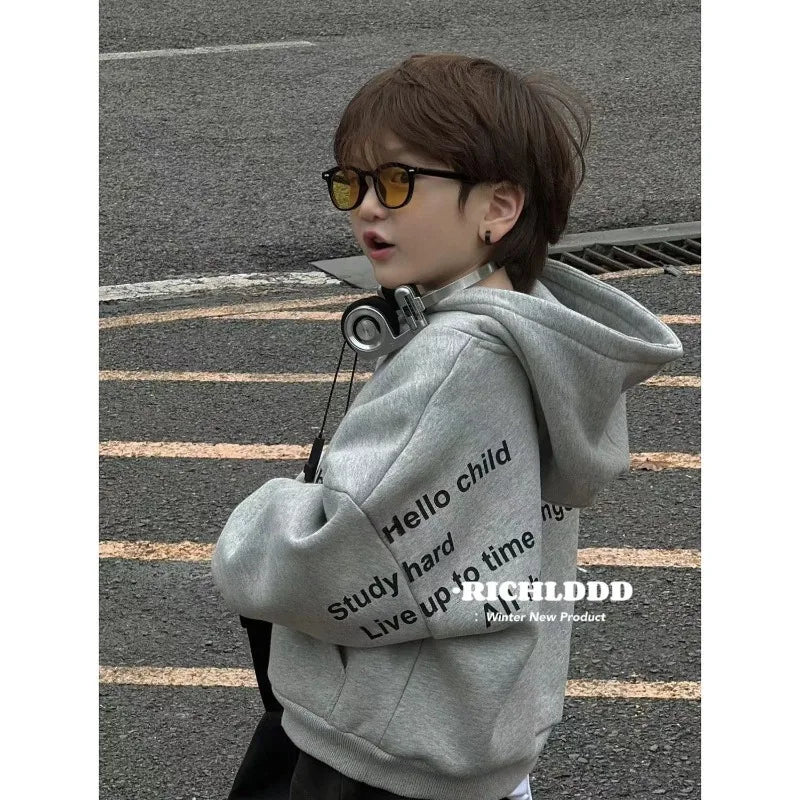 2025 Autumn/Winter Plush Letter Children's Hoodie Baby Sweater Korean Edition Fashion Children's Cool and Handsome Warm Top