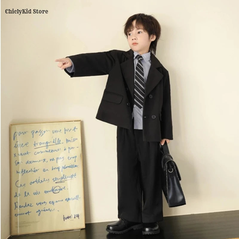 Boys Solid Double Breasted Blazer Jack Vest Pants Children Suit Waistcoat Wedding Clothes Sets Toddler Formal Dress Kids Tuxedos