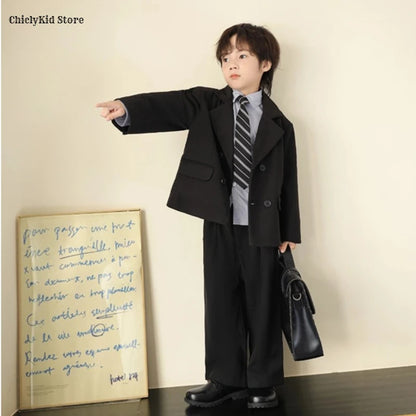 Boys Solid Double Breasted Blazer Jack Vest Pants Children Suit Waistcoat Wedding Clothes Sets Toddler Formal Dress Kids Tuxedos